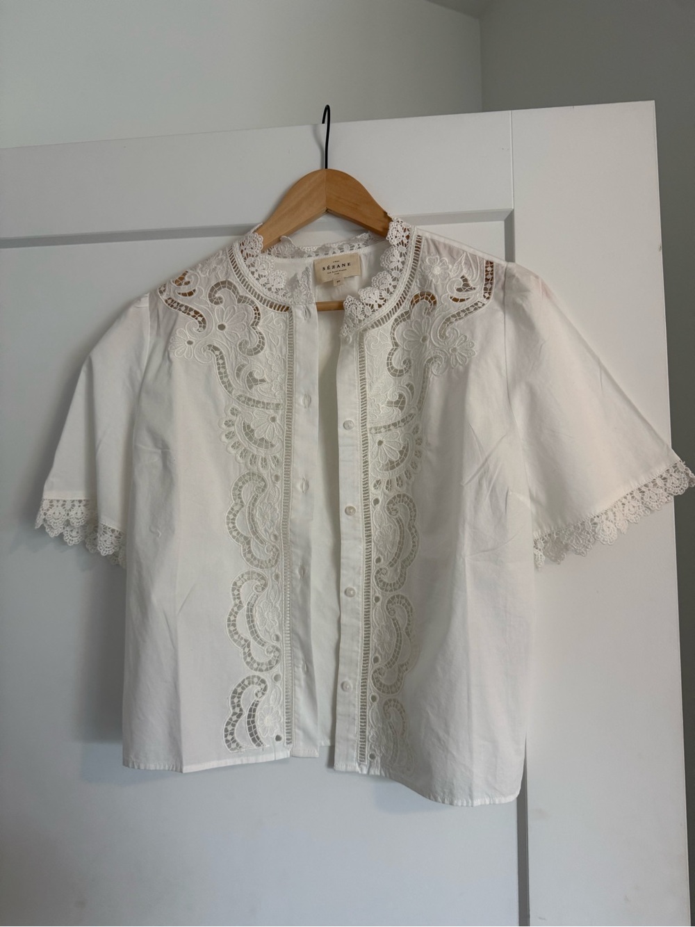 Sezane White Embroidered Lace-Trim Button Down Blouse